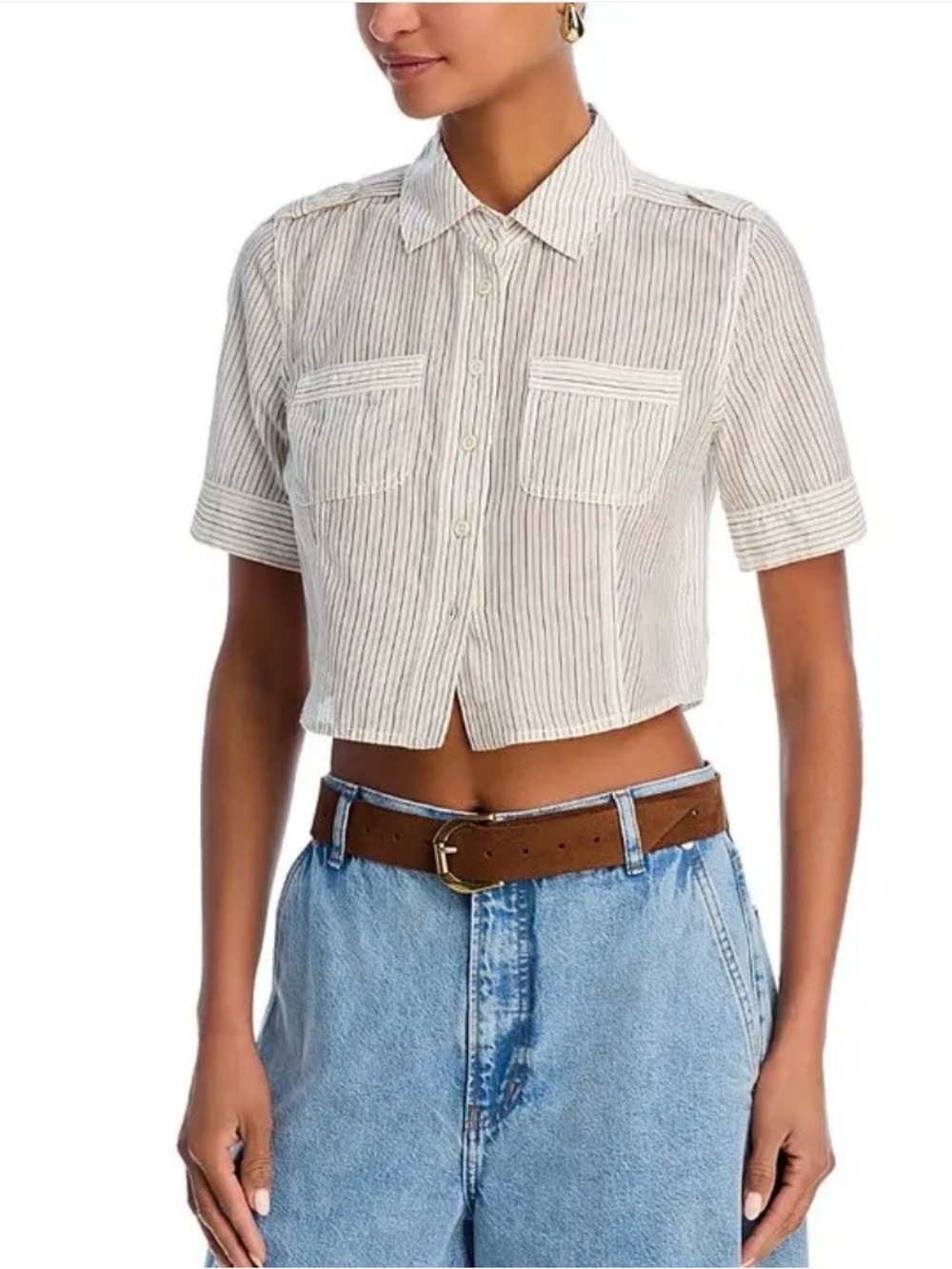 Frame The Stripe Utility Button Front Silk Blend Shirt White and Beige size XS